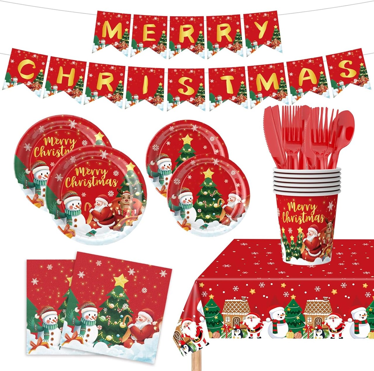 177PCS Christmas Paper Plates Napkins Party Supplies, Christmas Tree Santa Claus Theme Party Supplies Disposable Paper Tableware for Decorations for Merry Christmas Serves 25